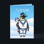 Masonic Christmas Cards Freemason Holiday Penguin Feiertagskarte<br><div class="desc">Truly fun and unique masonic Christmas cards that can be personalized by you! Überraschung friends and family this year with this creative masonic happy holidays card that depicts an illustrated black and white penguin in a tuxedo and top hat holding a red and white candy cane in a winter wonder...</div>