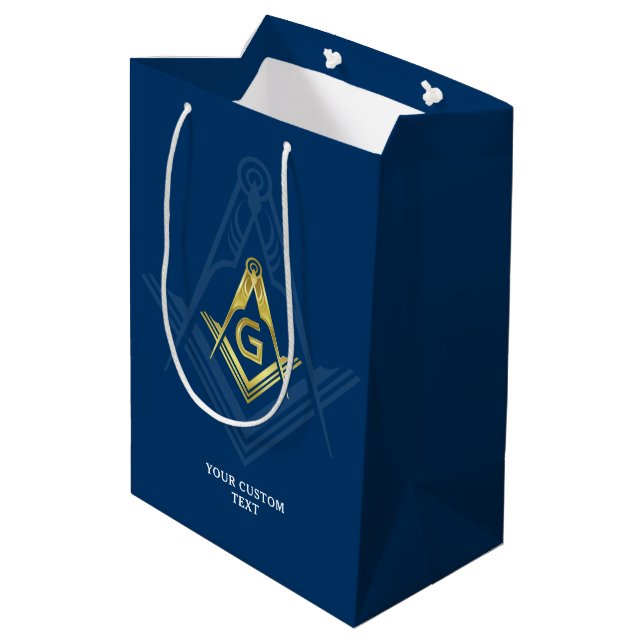 Masonic Gift Bags | Navy Blue Gold Freimaurerei Mittlere Geschenktüte (Rückseite Schrägansicht)