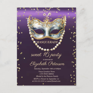 Masqu Pearls Diamonds Lila Sweet 16 Einladungspostkarte