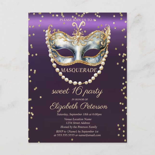 Masqu Pearls Diamonds Lila Sweet 16 Einladungspostkarte (Vorderseite)