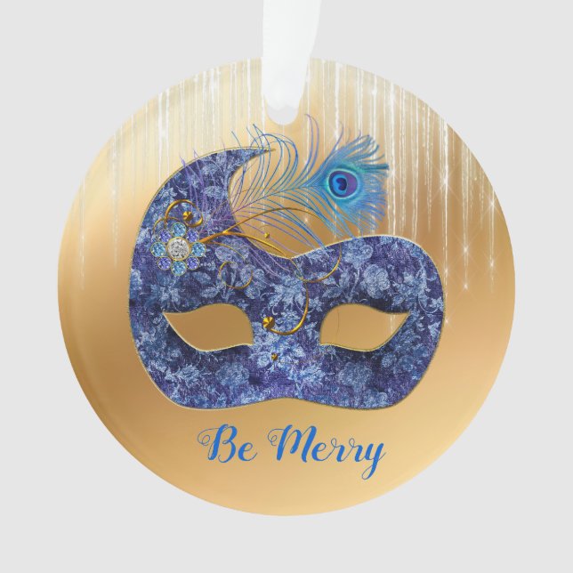 Masque bleu et plumes de paon sur or (devant)