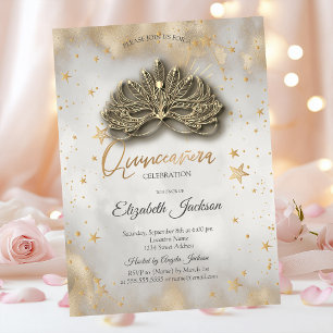 Masque Celestial Stars Gold Quinceanera Einladung