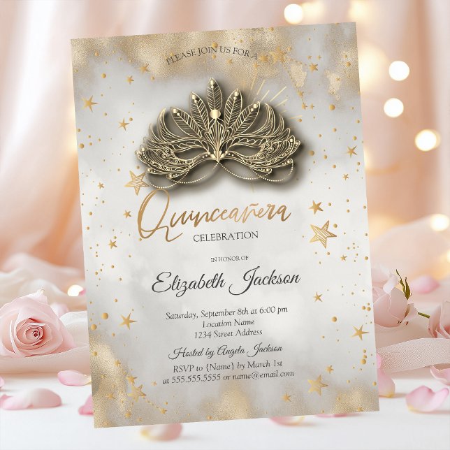 Masque Celestial Stars Gold Quinceanera Einladung (Von Creator hochgeladen)