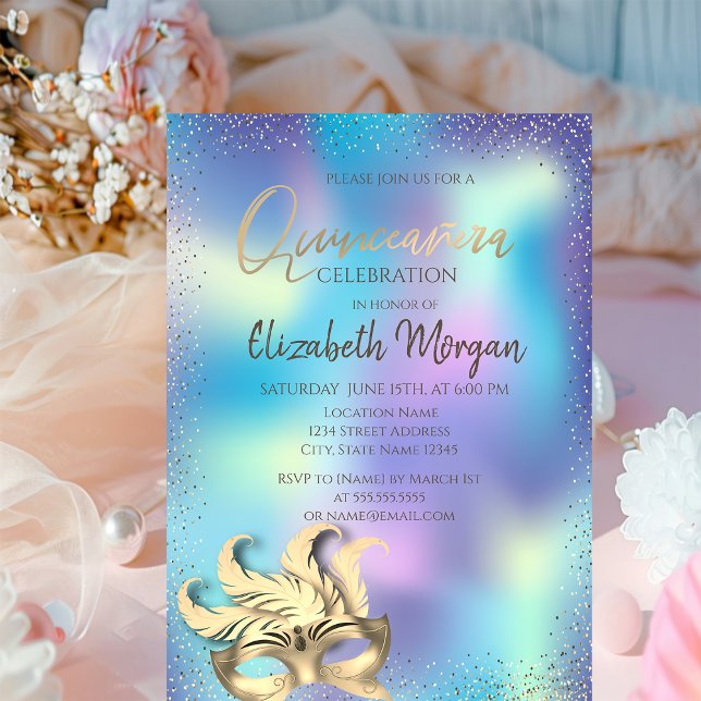 Masque, Confetti Dots Holographic Quinceañera Einladung (Von Creator hochgeladen)