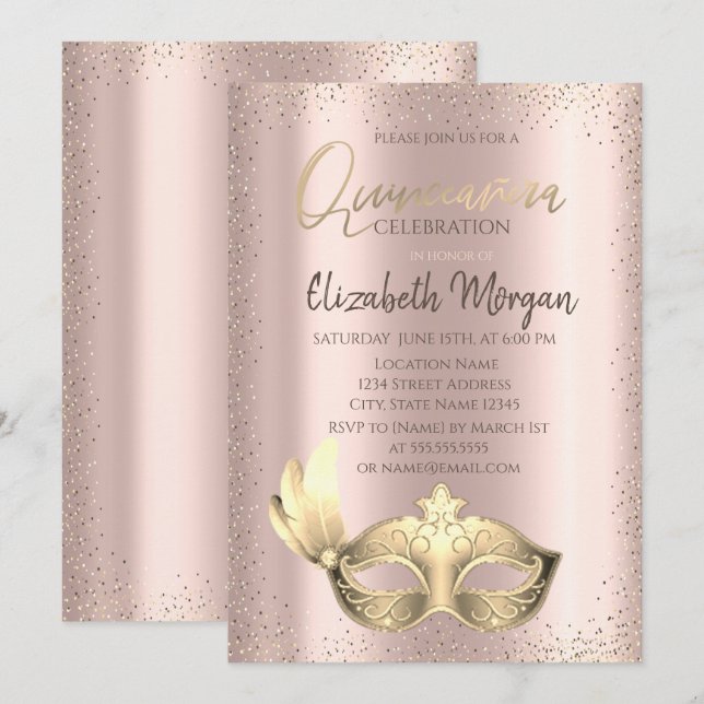 Masque, Confetti Rose Gold Quinceñera Einladung (Vorne/Hinten)