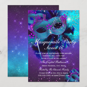 Masque de bijou à plumes violet cyan Invitation Ma