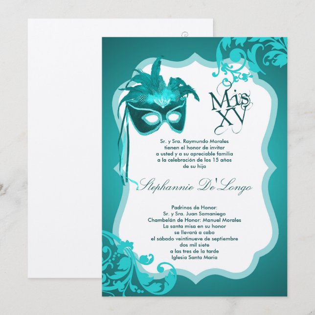 Masque de masquerade sarcelle 5x7 Invitation Quinc (Devant / Derrière)