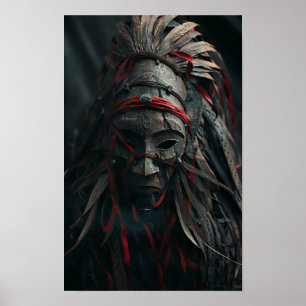 Masque de Shaman Brown avec plumes et affiche roug