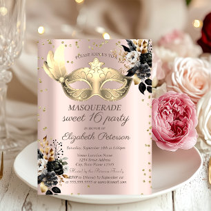 Masque Diamanten Schwarze Rosen Roségold Sweet 16 Einladung