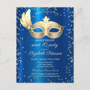 Masque Diamonds Blue Metallic Masquerade Einladungspostkarte