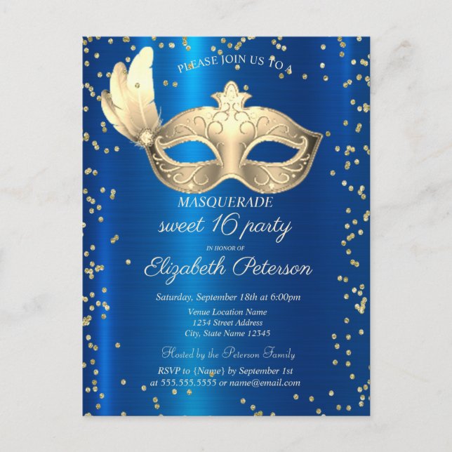 Masque Diamonds Blue Metallic Masquerade Einladungspostkarte (Vorderseite)