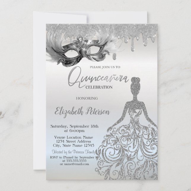  Masque Glitter Dress Drips Silver Quinceanera Einladung (Vorderseite)