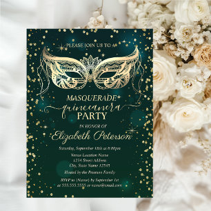 Masque Gold Diamanten Grün Quinceañera Einladungspostkarte
