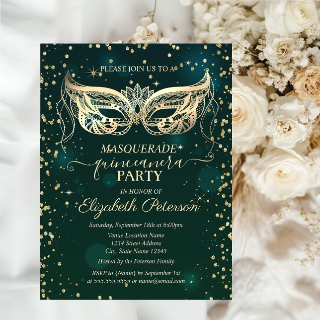Masque Gold Diamonds Green Quinceañera Einladungspostkarte (Von Creator hochgeladen)