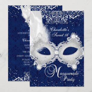 Masque Mascarade en argent bleu doux 16 Invitation