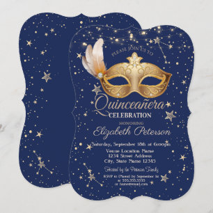 Masque Navy Blue Stars Quinceañera Einladung