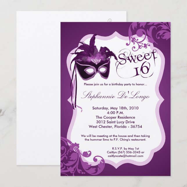 masque pourpre de la mascarade 5x7 invitation de (Devant / Derrière)