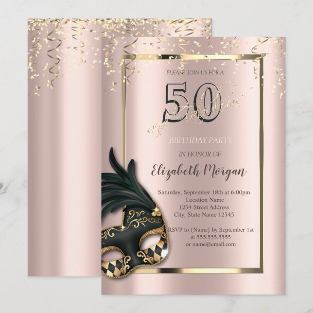 Masque Rose Gold 50th Birthday Invitation (Devant / Derrière)