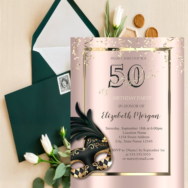 Masque Rose Gold 50th Birthday Invitation (Créateur téléchargé)