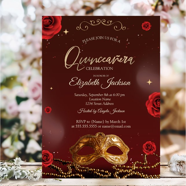Masque Rose Perlen Burgund Quinceanera Einladung (Von Creator hochgeladen)