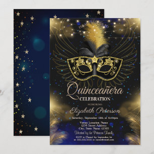 Masque, String Lights, Stars Blue Quinceañera Einladung