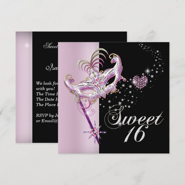 Masquerade 16 . Geburtstag Sweet 16 Pink Black Einladung (Vorne/Hinten)