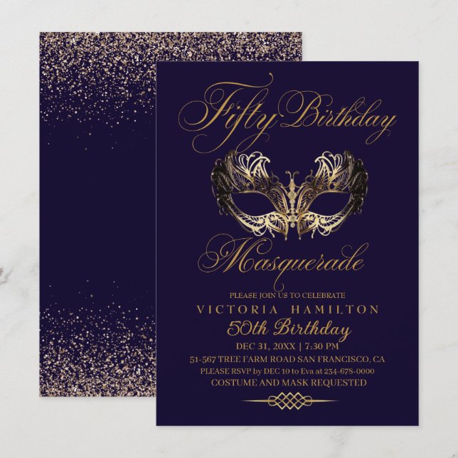 Masquerade 50. Geburtstag Blue Gold Einladung (Vorne/Hinten)