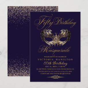 Masquerade 50. Geburtstag Blue Gold Einladung