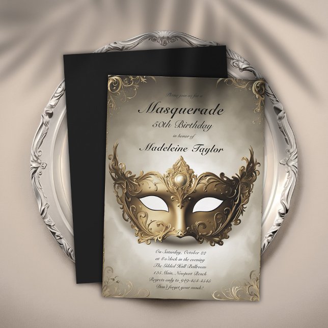 Masquerade Antique Gold Venedig Maske 50. Geburtst Einladung (masquerade 50th birthday party invitation glamorous antique gold venetian mask elegant modern classy)