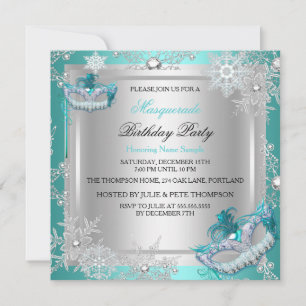 Masquerade Aquamarin Blue Silver Snowflakes Masken Einladung