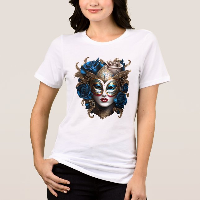 Masquerade Augenmaske blaue goldene Rose Blume Ven Tri-Blend Shirt (Vorderseite)