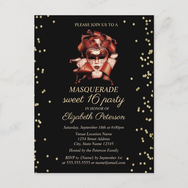 Masquerade Ball Gold Diamonds Sweet 16 Einladung (Vorderseite)