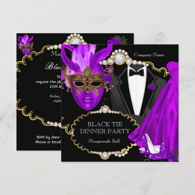 Masquerade Ball Lila Black Krawatte Dinner Party Einladung (Vorne/Hinten)