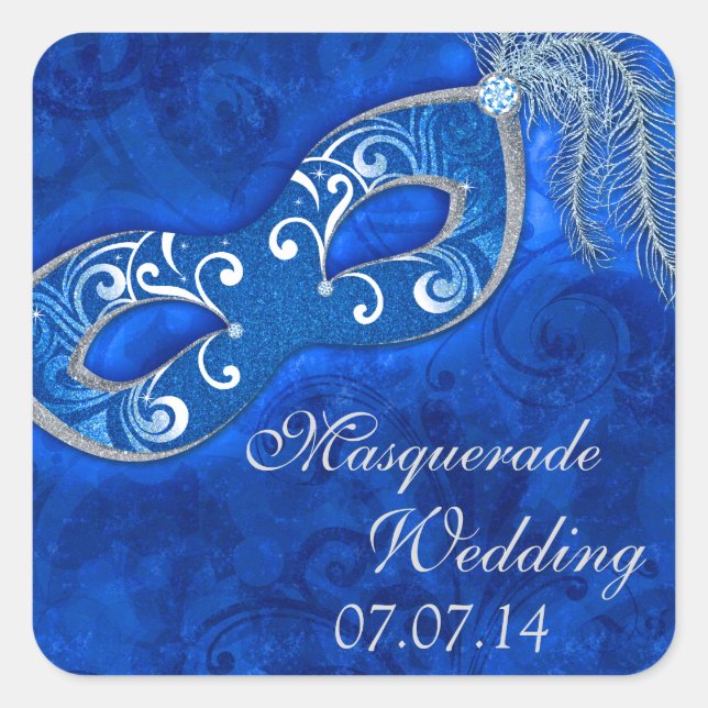 Masquerade Ball Mardi Gras Blue Wedding Quadratischer Aufkleber (Vorderseite)