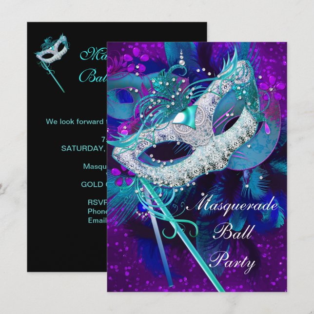 Masquerade Ball Party Aquamarin Blau Lila Masken L Einladung (Vorne/Hinten)