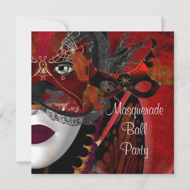 Masquerade Ball Party Maske Black Red Girl 2 Einladung (Vorderseite)