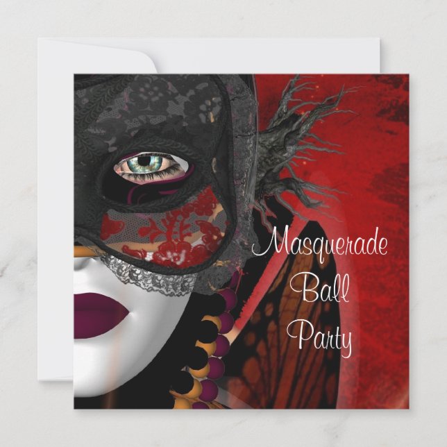 Masquerade Ball Party Maske Black Red Girl Einladung (Vorderseite)