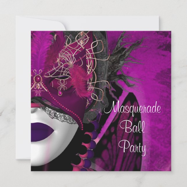 Masquerade Ball Party Maske Schwarzes Rosa Lila Mä Einladung (Vorderseite)