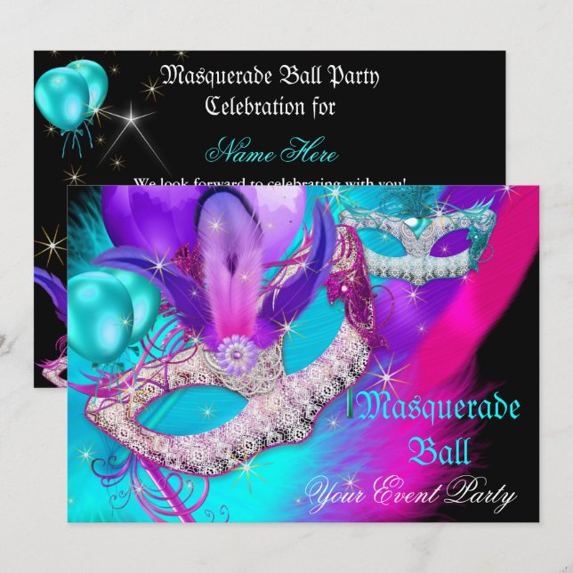 Masquerade Ball Party Masken Lila Aquamarines blau Einladung (Vorne/Hinten)
