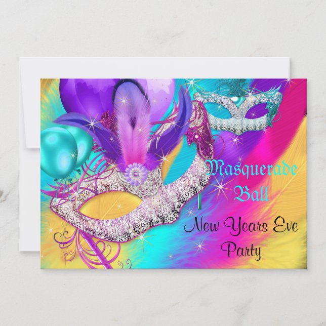 Masquerade Ball Party Masken Silvester Farbenfroh Einladung (Vorderseite)