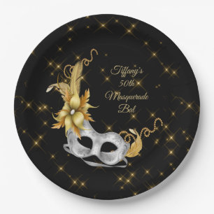 Masquerade Ball Plate, Geburtstagsplatte, Schwarze Pappteller