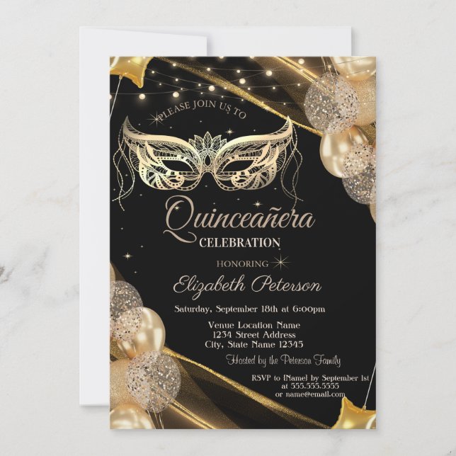 Masquerade Balloons Stars Black Quinceañera  Einladung (Vorderseite)