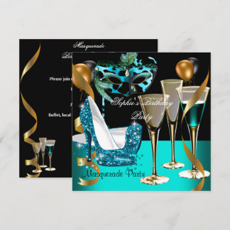 Masquerade Birthday Aquamarin Gold Wine Stiletto 2 Einladung