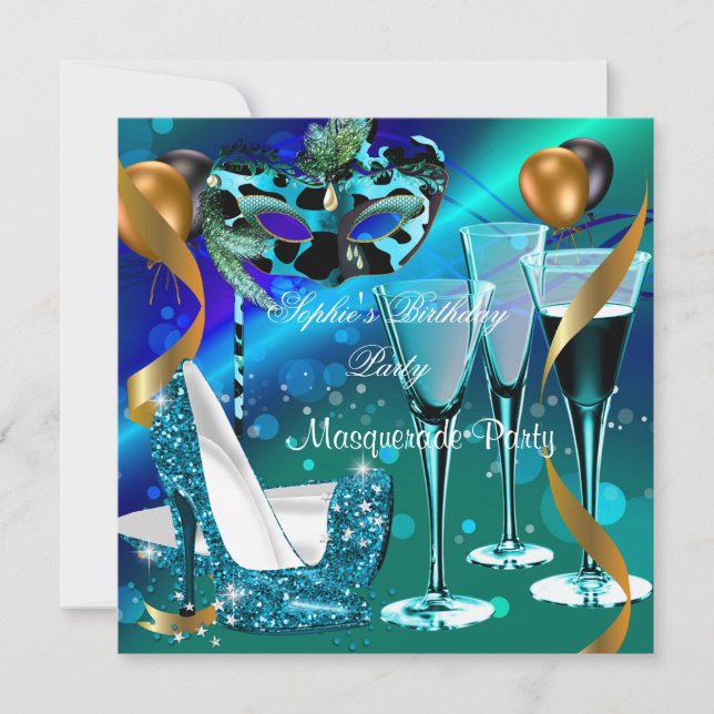 Masquerade Birthday Aquamarin Gold Wine Stiletto 3 Einladung (Vorderseite)