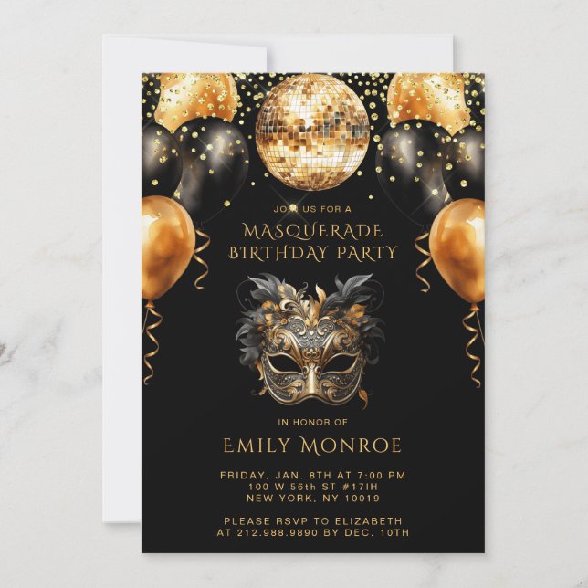 Masquerade Birthday Party Black Gold Glitzer Einladung (Vorderseite)