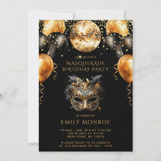 Masquerade Birthday Party Black Gold Glitzer Einladung
