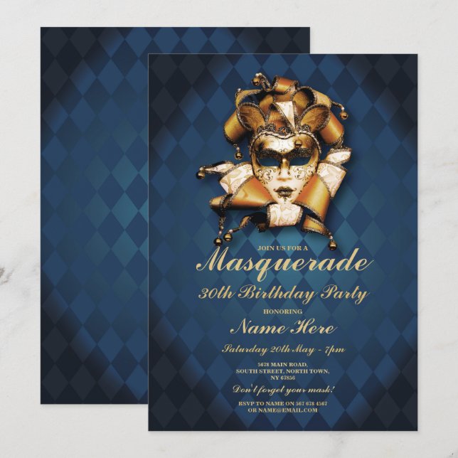 Masquerade Birthday Party Blue Gold Maske Einladun Einladung (Vorne/Hinten)