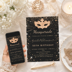 Masquerade black gold glitter dust birthday party einladung
