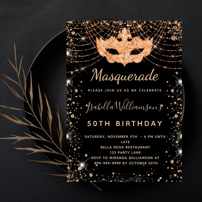 Masquerade Black Gold Glitzer Staub Geburtstagspar Einladung (Von Creator hochgeladen)