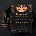 Masquerade Black Gold Glitzer Staub Geburtstagspar Einladungspostkarte<br><div class="desc">Für eine elegante Masquerade,  50. (oder jedes Alter) Geburtstag. Ein stilvoller schwarzer Hintergrund. Mit Imitaten vergoldeten Glitzer Staub und eine Maskerade Maske dekoriert. Personalisieren und fügen Sie Namen,  Alter und Party Details hinzu. Der Name wird mit einem handgeschriebenen Stilskript geschrieben. Zurück: Postkartendesign.</div>